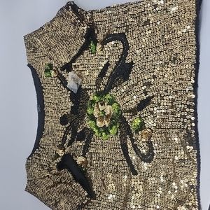 Vintage Gold Sequins Beaded Padded Shoulder Floral Top